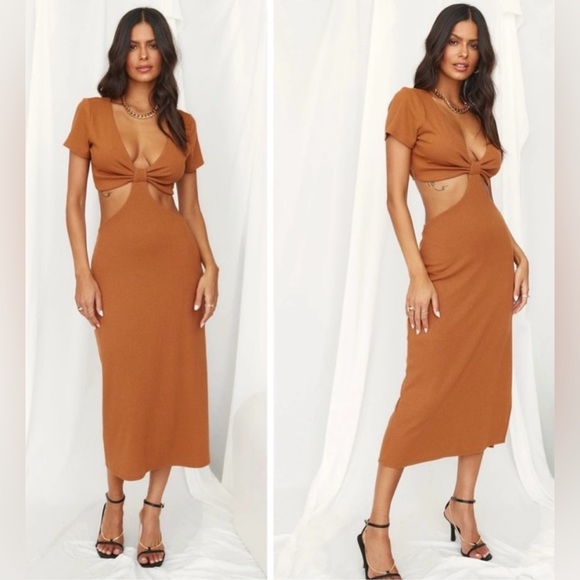 12th Tribe Dresses & Skirts - 12th Tribe Cut Out Ribbed Midi Dress in Brown